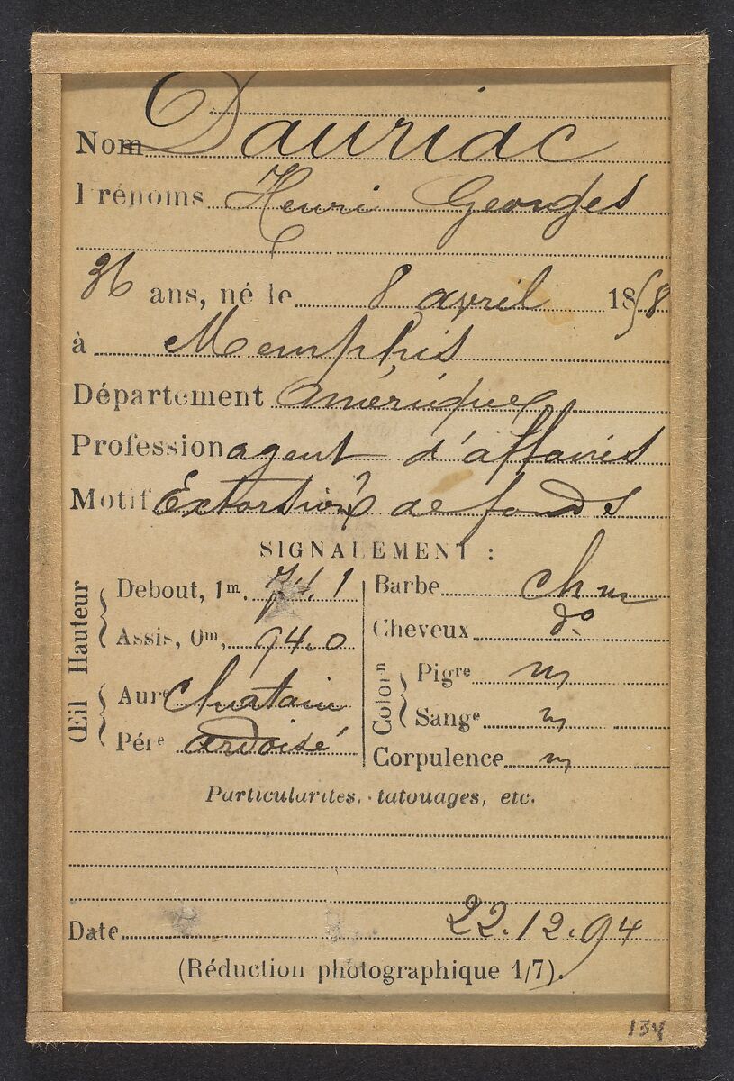 Dauriac. Henri, Georges. 36 ans, né à Memphis (USA). Agent d'affaires. Extortion de fonds. 22/12/94., Alphonse Bertillon (French, 1853–1914), Albumen silver print from glass negative