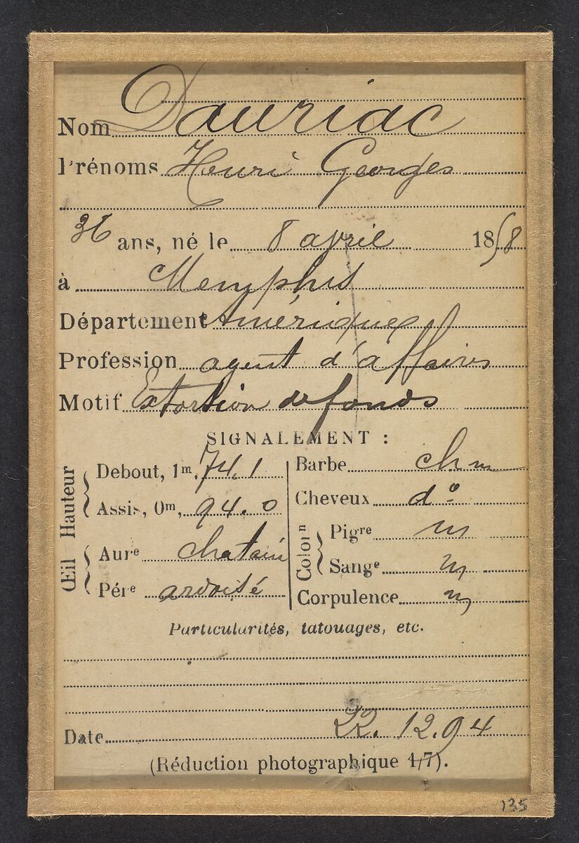 Dauriac. Henri, Georges. 36 ans, né à Memphis (USA). Agent d'affaires. Extortion de fonds. 22/12/94., Alphonse Bertillon (French, 1853–1914), Albumen silver print from glass negative