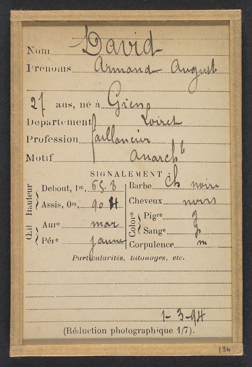 David. Armand, Auguste. 27 ans, né à Gien (Loiret). Faïencier. Anarchiste. 1/3/94., Alphonse Bertillon (French, 1853–1914), Albumen silver print from glass negative