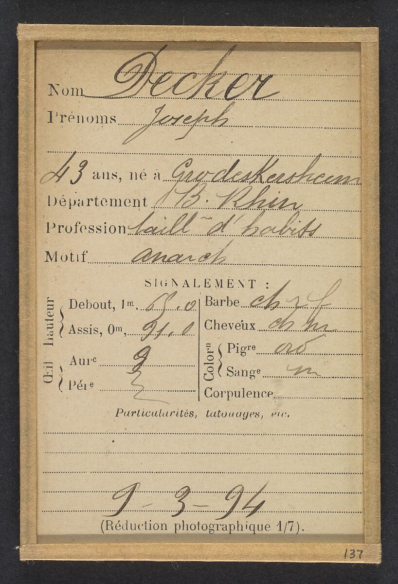 Decker. Jacques. 43 ans, né à Grodeskersheim (Bas-Rhin). Tailleur d'habits. Anarchiste. 9/3/94., Alphonse Bertillon (French, 1853–1914), Albumen silver print from glass negative