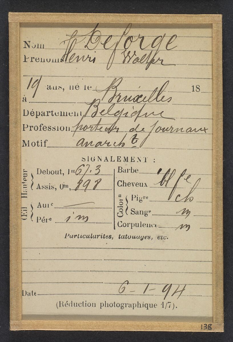 Deforge. Henri, Walter. 19 ans, né à Bruxelles (Belgique). Porteur de journaux. Anarchiste. 6/1/94., Alphonse Bertillon (French, 1853–1914), Albumen silver print from glass negative