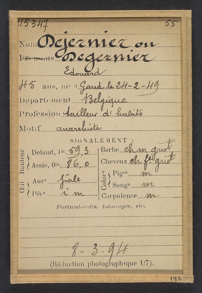 Dejernier (ou Degernier). Edouard. 45 ans, né à Gand (Belgique). Tailleur d'habits. Anarchiste. 8/3/94., Alphonse Bertillon (French, 1853–1914), Albumen silver print from glass negative