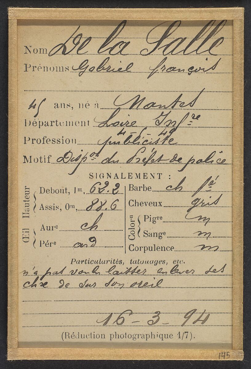De la Salle. Gabriel. 45 ans, né à Nantes (Loire-Inf.). Publiciste. Disposition du Préfet de Police. 16/3/94., Alphonse Bertillon (French, 1853–1914), Albumen silver print from glass negative