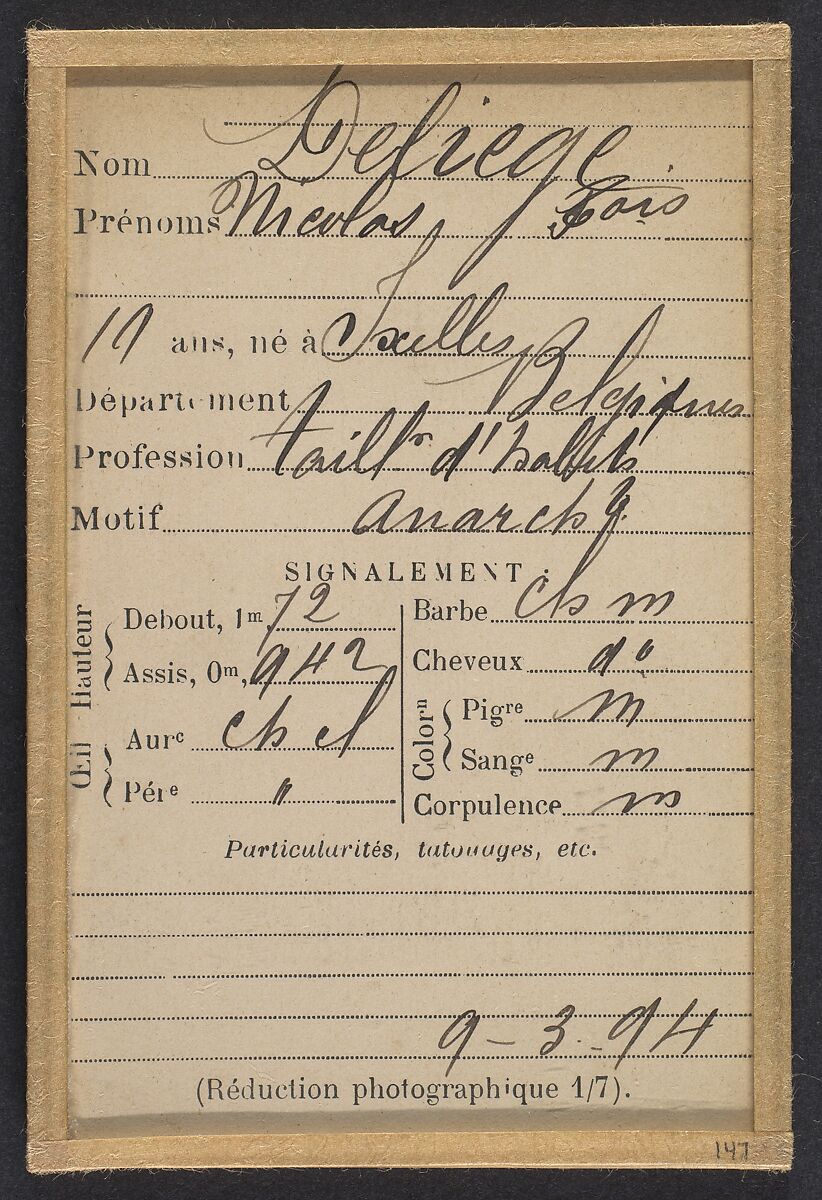 Deliège. Nicolas, François. 19 ans, né à Ixelles (Belgique). Tailleur d'habits. Anarchiste. 9/3/94., Alphonse Bertillon (French, 1853–1914), Albumen silver print from glass negative