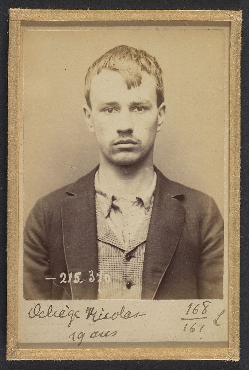 Deliège. Nicolas, François. 19 ans, né à Ixelles (Belgique). Tailleur d'habits. Anarchiste. 9/3/94., Alphonse Bertillon (French, 1853–1914), Albumen silver print from glass negative 