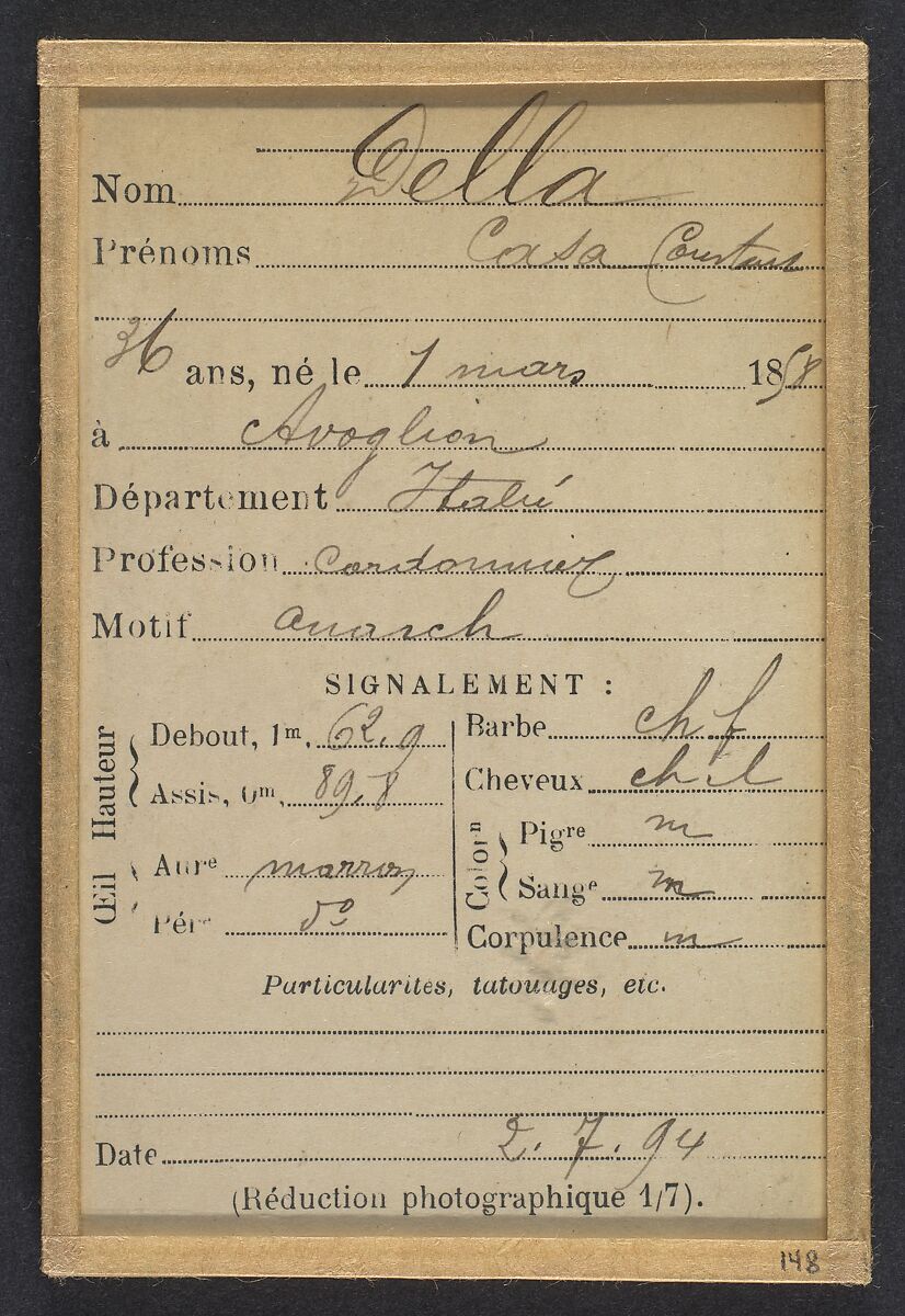 Della Casa. 36 ans, né le 1/3/58 à Avoglion (Italie). Cordonnier. Anarchiste. 2/7/94., Alphonse Bertillon (French, 1853–1914), Albumen silver print from glass negative