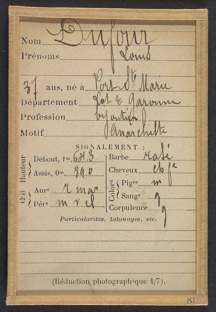 Dufour. Louis. 37 ans, né à Port-Ste-Marie (Lot & Garonne). Bijoutier. Anarchiste., Alphonse Bertillon (French, 1853–1914), Albumen silver print from glass negative