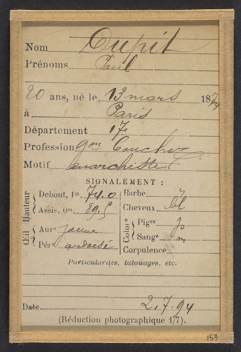 Dupit. Paul. 20 ans, né le 13/3/74 à Paris XVIIe. Garçon boucher. Anarchiste. 2/7/94., Alphonse Bertillon (French, 1853–1914), Albumen silver print from glass negative