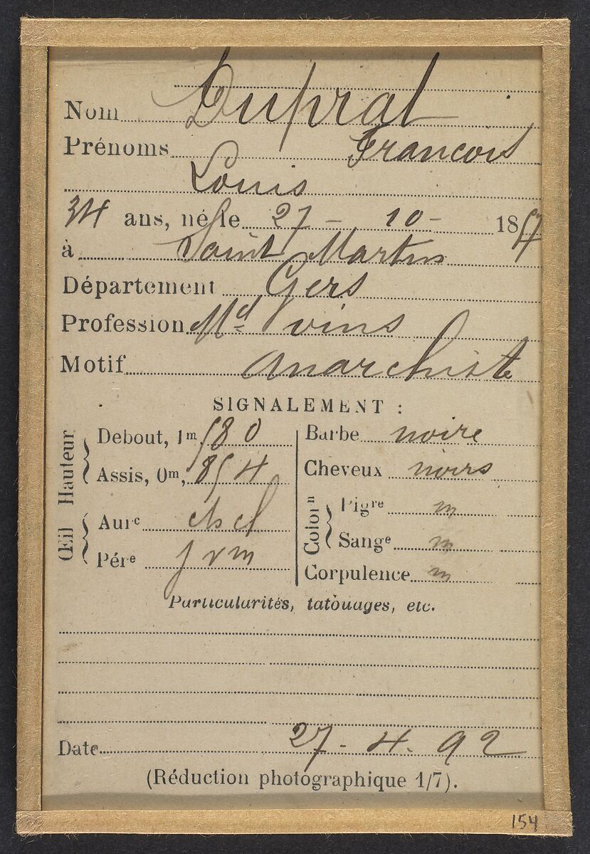 Duprat. François, Louis. 34 ans, né à St-Martin (Gers). Marchand de vins. Anarchiste. 27/4/92., Alphonse Bertillon (French, 1853–1914), Albumen silver print from glass negative