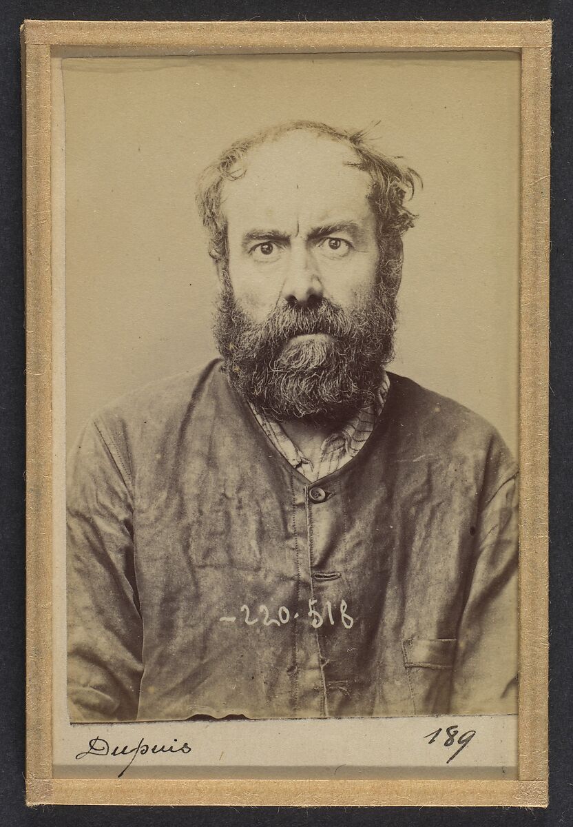 Dupuis. Augustin. 53 ans, né le 24/6/41 à Dourdan (Seine & Oise). Charron, forgeron. Anarchiste. 3/7/94., Alphonse Bertillon (French, 1853–1914), Albumen silver print from glass negative 