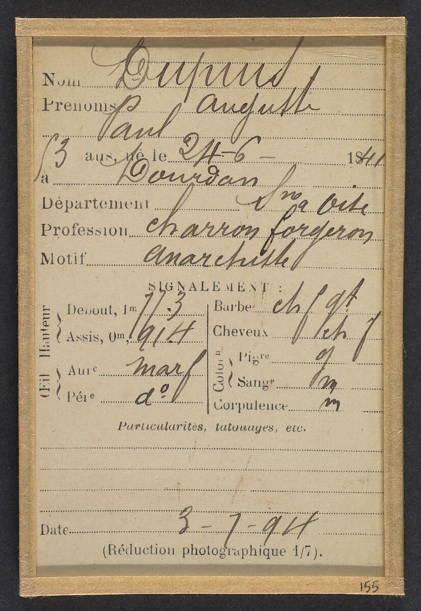 Dupuis. Augustin. 53 ans, né le 24/6/41 à Dourdan (Seine & Oise). Charron, forgeron. Anarchiste. 3/7/94., Alphonse Bertillon (French, 1853–1914), Albumen silver print from glass negative