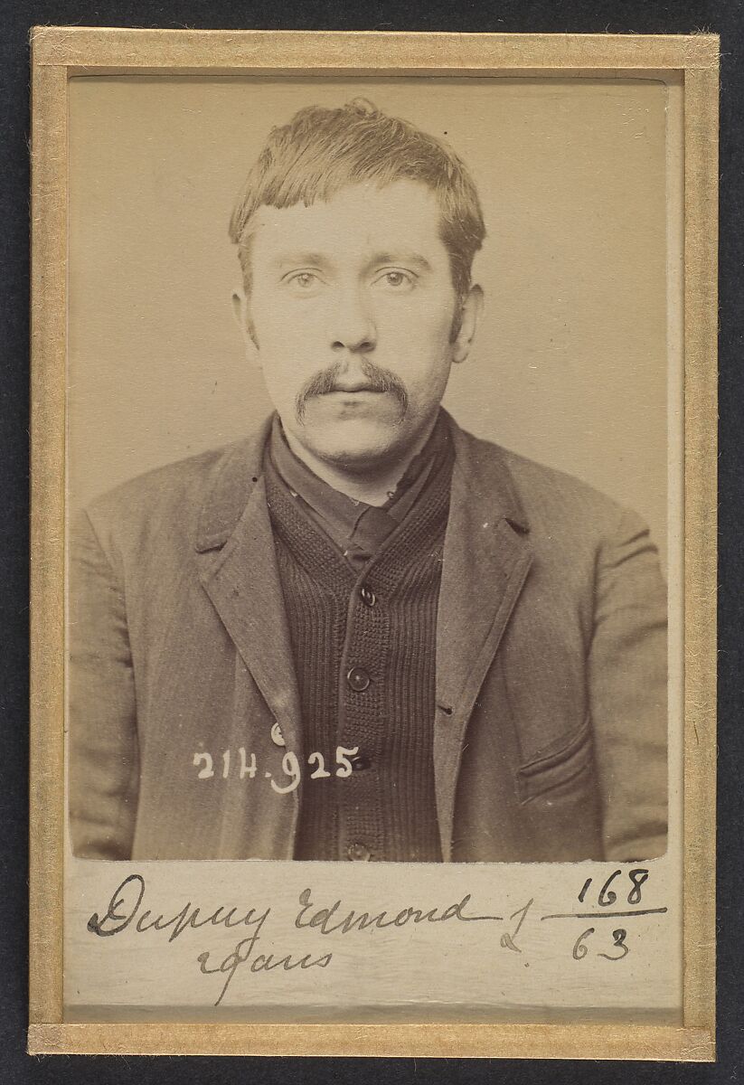 Dupuy. Edmond, Adolphe. 29 ans, né à Paris XIVe. Employé de commerce. Anarchiste. 1/3/94., Alphonse Bertillon (French, 1853–1914), Albumen silver print from glass negative 