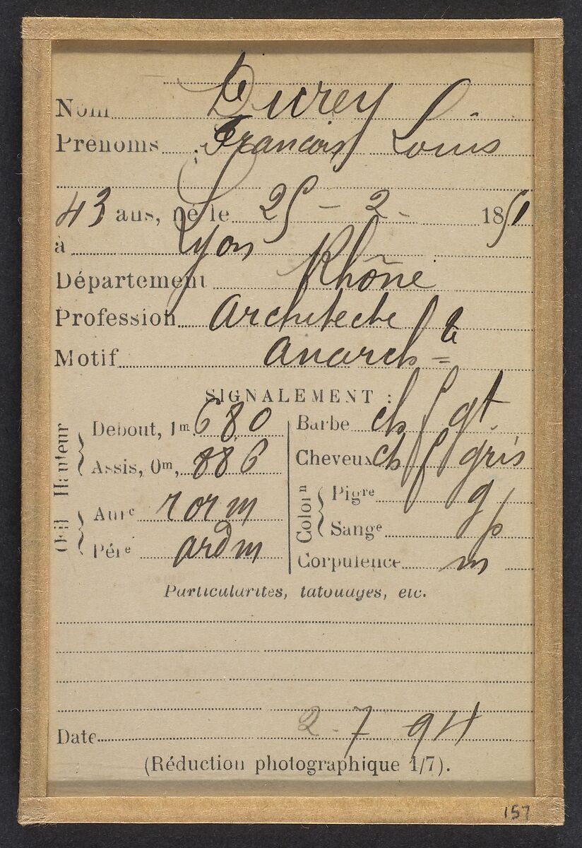 Durey. François, Louis. 43 ans, né le 25/2/51 à Lyon (Rhône). Architecte. Anarchiste. 2/7/94., Alphonse Bertillon (French, 1853–1914), Albumen silver print from glass negative