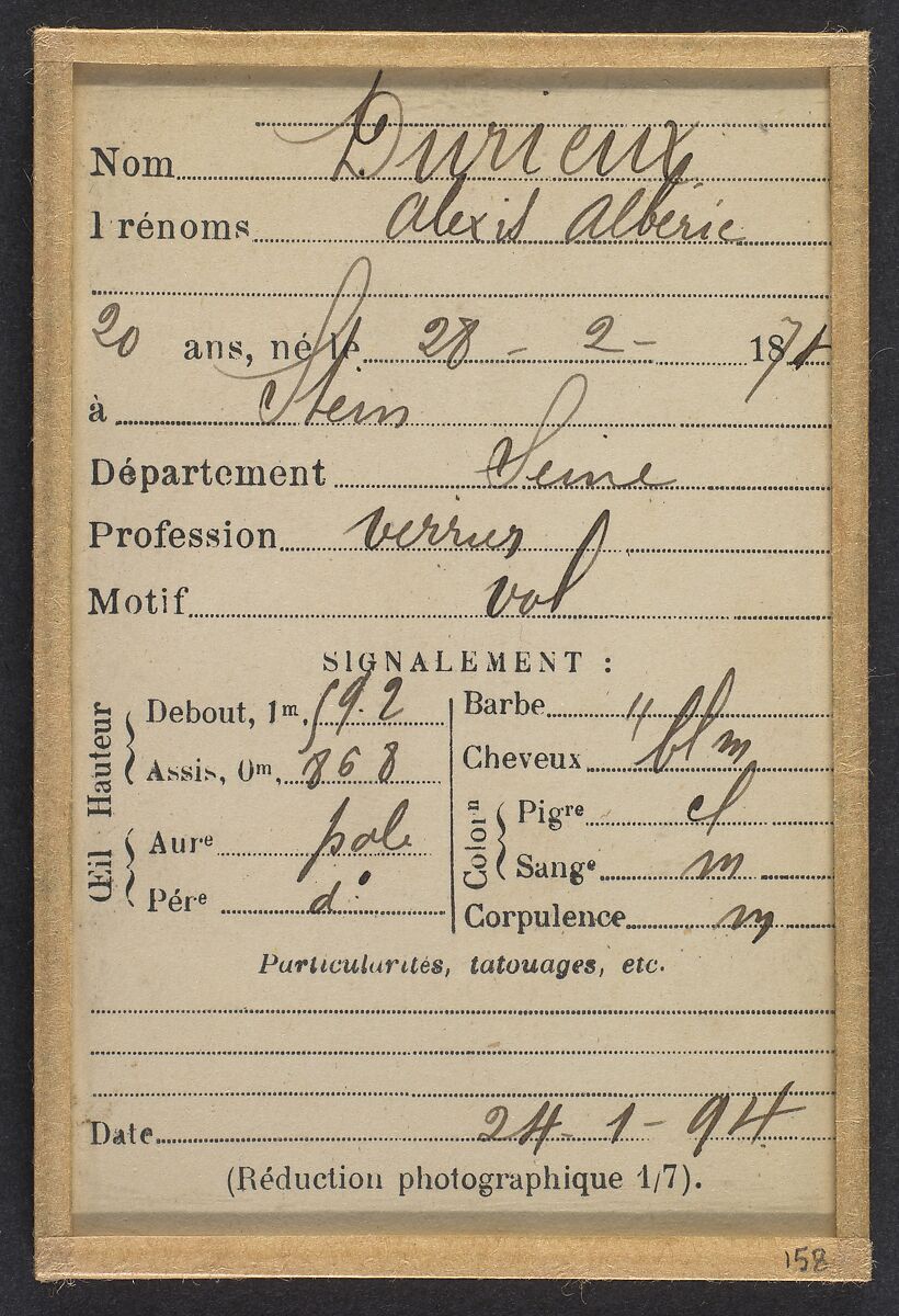 Durieux. Aléxis, Alberic. 20 ans, né le 28/2/74 à Stains (Seine). Verrier. Vol. 24/1/94., Alphonse Bertillon (French, 1853–1914), Albumen silver print from glass negative