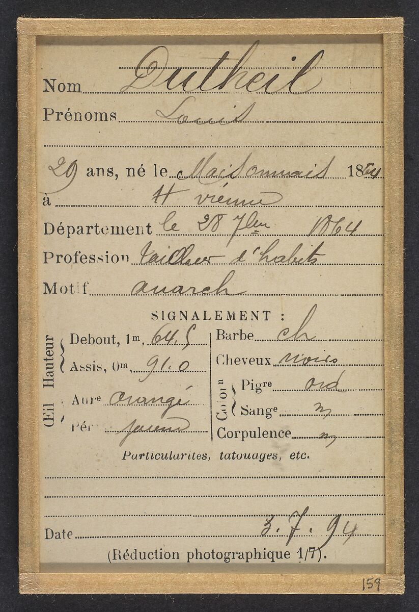 Dutheil. Louis. 29 ans, né le 28/7/64 à Maisonnais (Ht Vienne). Tailleur d'habits. Anarchiste. 3/7/94., Alphonse Bertillon (French, 1853–1914), Albumen silver print from glass negative
