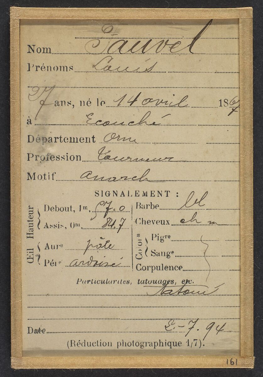 Fauvel. Louis. 27 ans, né le 14/4/67 à Écouché (Orne). Tourneur. Anarchiste. 2/7/94., Alphonse Bertillon (French, 1853–1914), Albumen silver print from glass negative