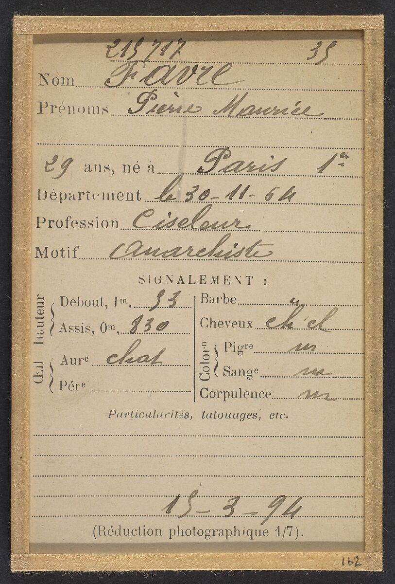 Favre. Pierre, Maurice. 29 ans, né le 30/11/64. Ciseleur. Anarchiste. 15/3/94., Alphonse Bertillon (French, 1853–1914), Albumen silver print from glass negative