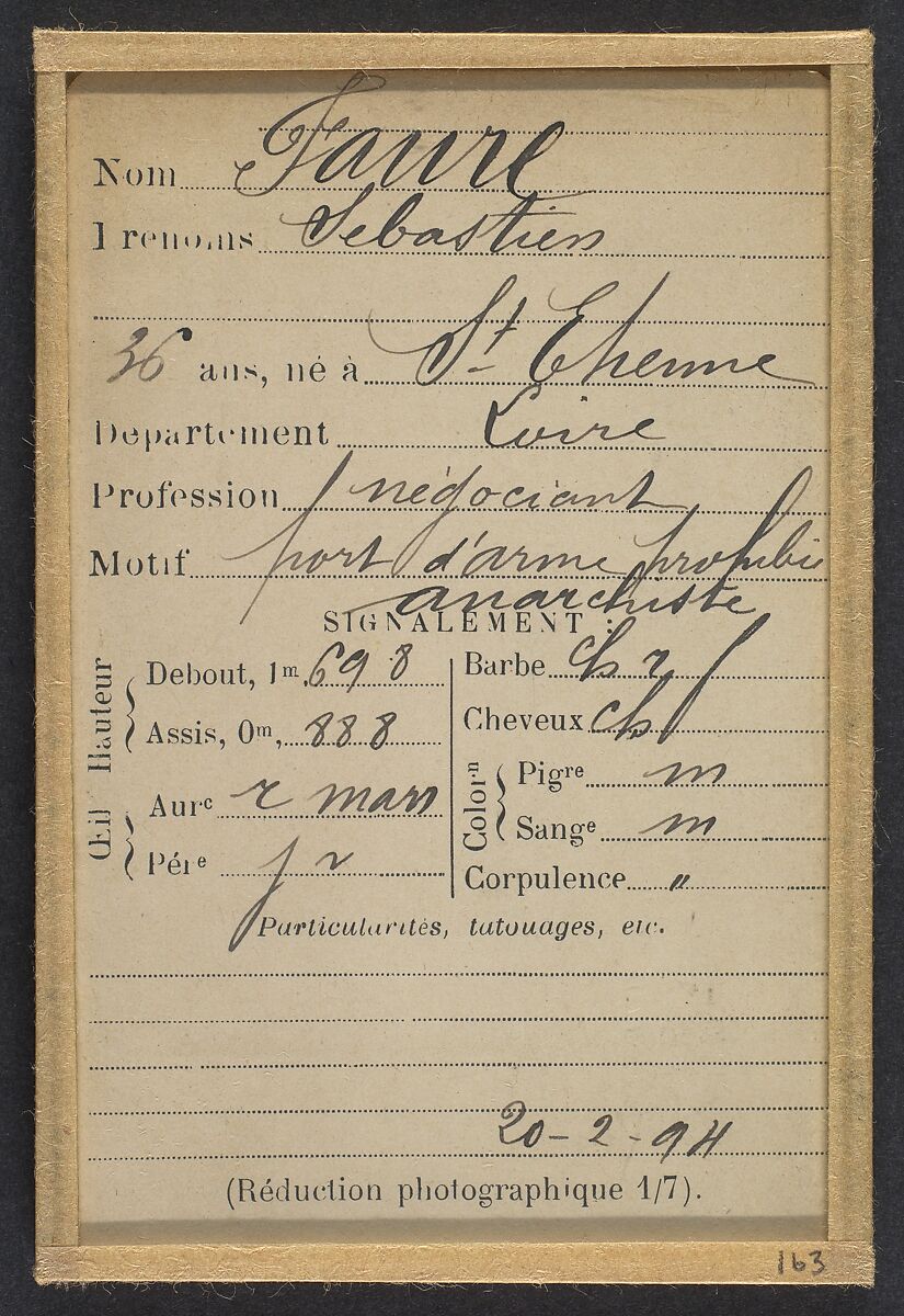 Favre. Sébastien. 36 ans, né à St Étienne (Loire). Négociant. Port d'arme prohibée, anarchiste. 20/2/94., Alphonse Bertillon (French, 1853–1914), Albumen silver print from glass negative