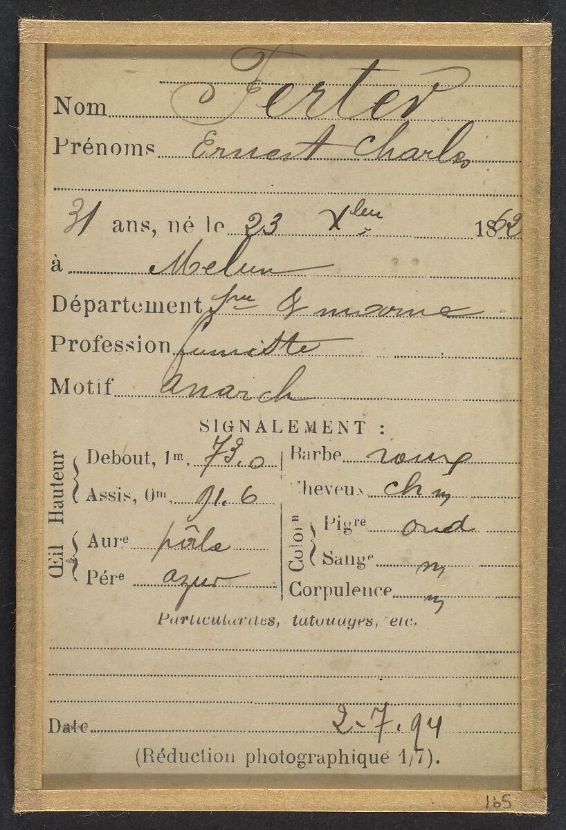 Ferter. Ernest, Charles. 31 ans, né le 23/10/62 à Melun (Seine & Marne). Fumiste. Anarchiste. 2/7/94., Alphonse Bertillon (French, 1853–1914), Albumen silver print from glass negative