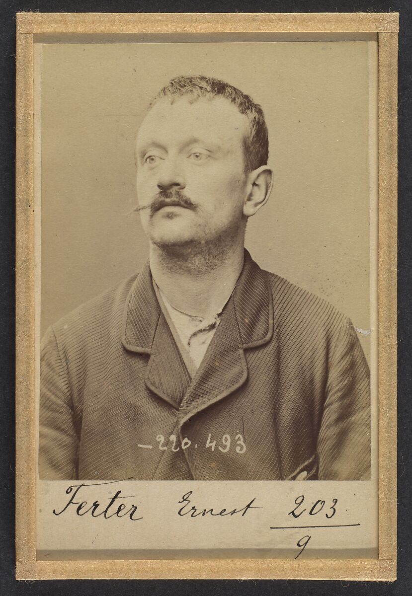 Ferter. Ernest, Charles. 31 ans, né le 23/10/62 à Melun (Seine & Marne). Fumiste. Anarchiste. 2/7/94., Alphonse Bertillon (French, 1853–1914), Albumen silver print from glass negative 