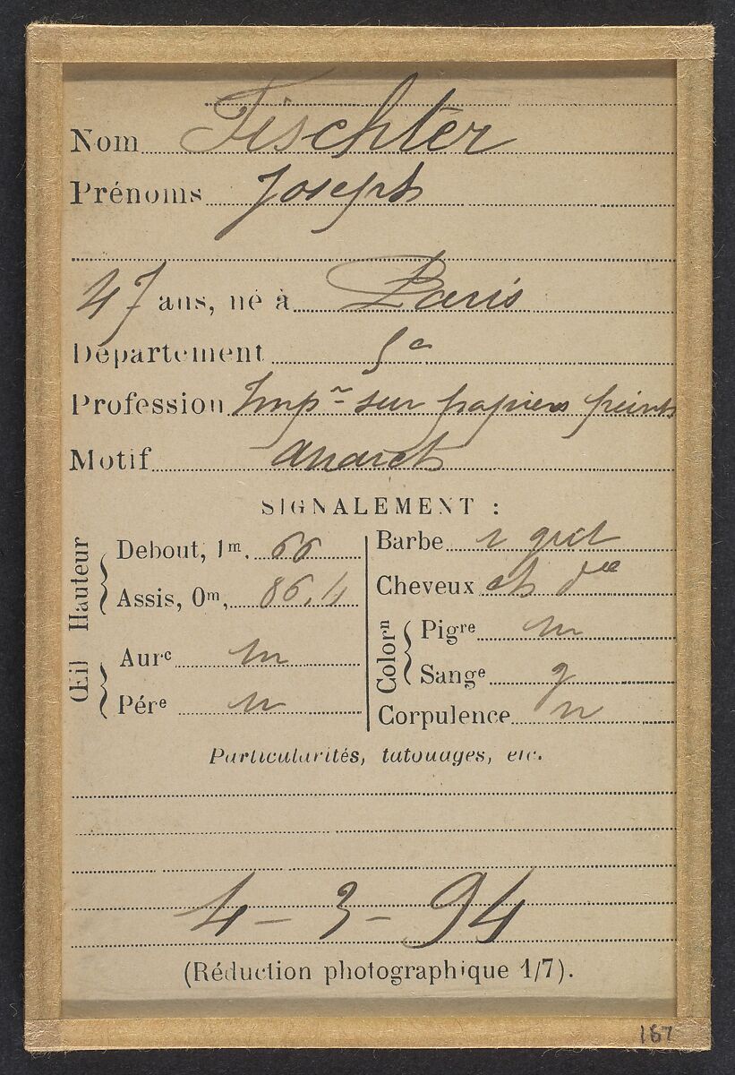 Fischter. Joseph. 47 ans, né à Paris Ve. Imprimeur sur papiers-peints. Anarchiste. 4/3/94., Alphonse Bertillon (French, 1853–1914), Albumen silver print from glass negative