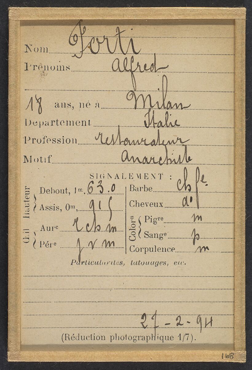 Forti. Alfred. 18 ans, né à Milan (Italie). Restaurateur. Anarchiste. 27/2/94., Alphonse Bertillon (French, 1853–1914), Albumen silver print from glass negative