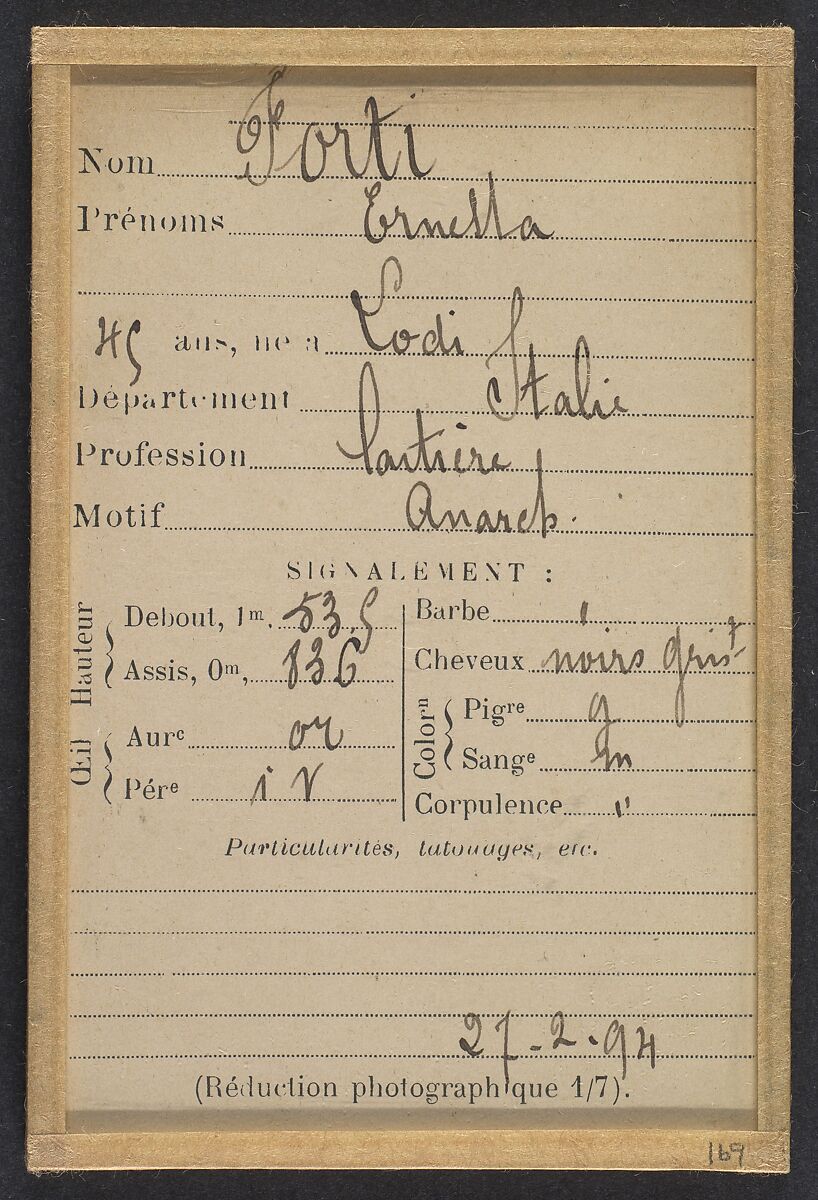 Forti. Ernesta. 45 (ou 46) ans, née à Lodi (Italie). Laitière. Anarchiste. 27/2/94., Alphonse Bertillon (French, 1853–1914), Albumen silver print from glass negative