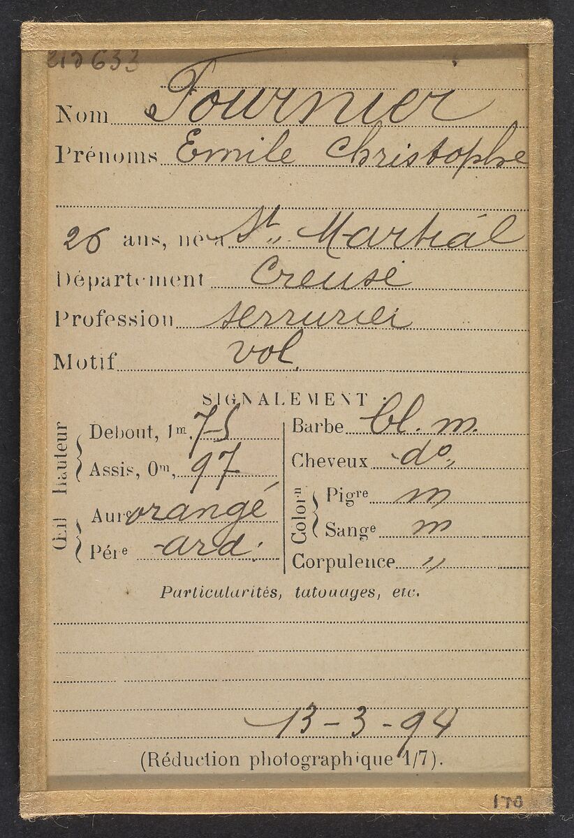 Fournier. Émile, Christophe. 26 ans, né à St-Martial (Creuse). Serrurier. Vol. 13/3/94., Alphonse Bertillon (French, 1853–1914), Albumen silver print from glass negative