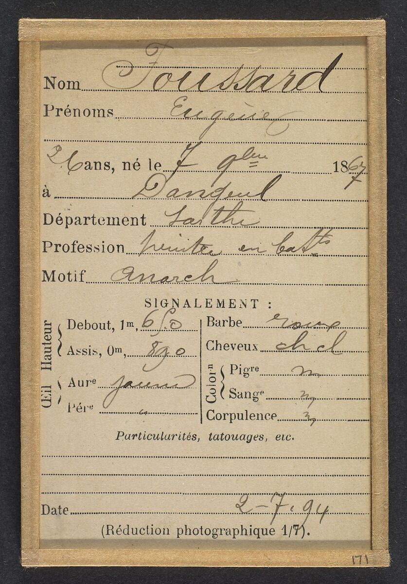 Foussard. Eugène. 26 ans, né le 7/12/67 à Dangeul (Sarthe). Peintre en bâtiment. Anarchiste. 2/7/94., Alphonse Bertillon (French, 1853–1914), Albumen silver print from glass negative