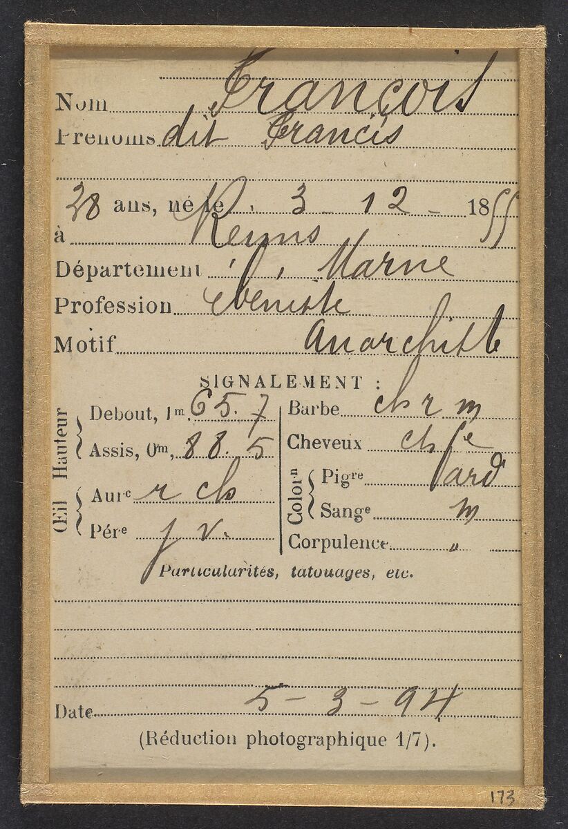 François dit Francis. 38 ans, né le 3/12/55 à Reims (Marne). Ébéniste. Anarchiste. 5/3/94., Alphonse Bertillon (French, 1853–1914), Albumen silver print from glass negative