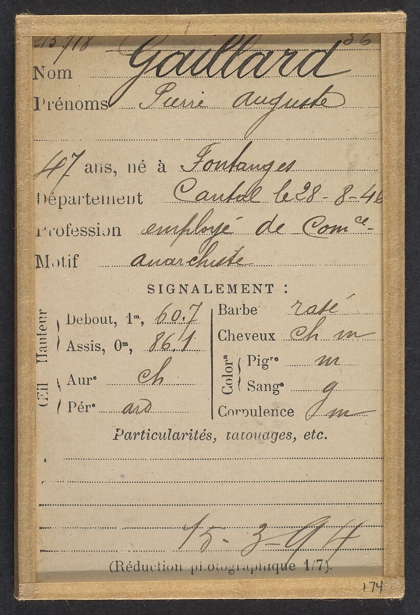 Gaillard. Pierre, Auguste. 47 ans, né à Foulanges (Cantal). Employé de commerce. Anarchiste. 15/3/94., Alphonse Bertillon (French, 1853–1914), Albumen silver print from glass negative