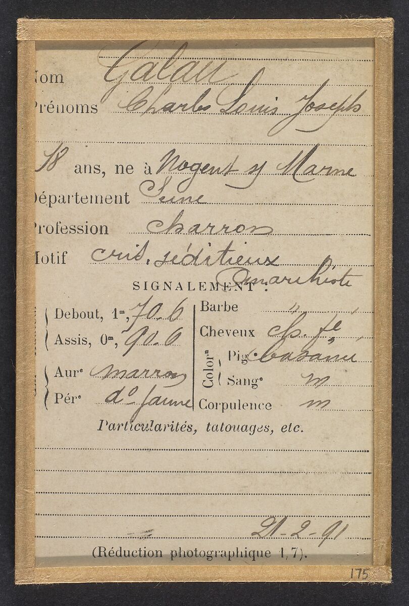 Galau. Charles. 18 ans, né à Nogent s/Marne (Seine). Charron. Cris séditieux. Anarchiste. 21/2/91., Alphonse Bertillon (French, 1853–1914), Albumen silver print from glass negative