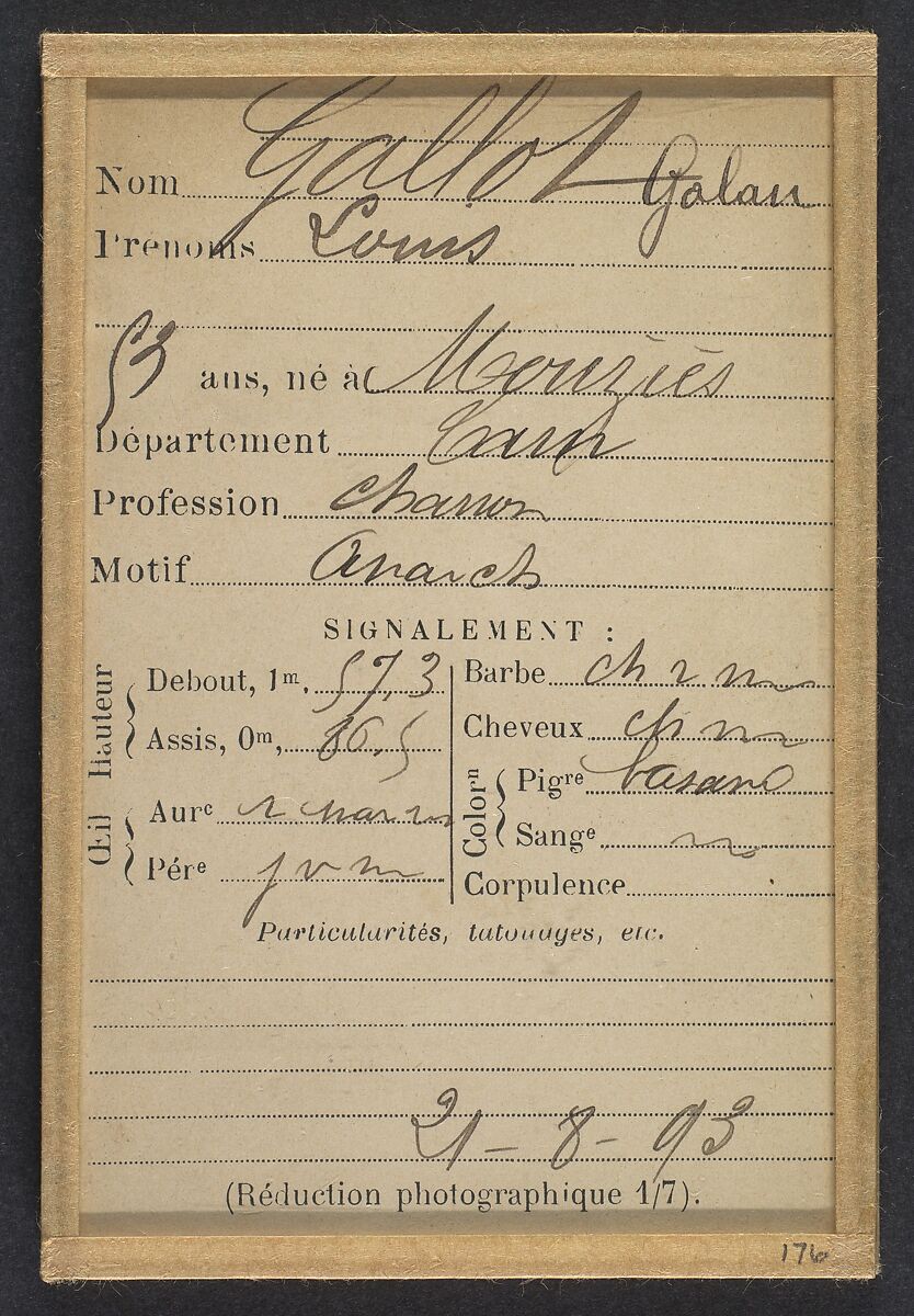 Galau (ou Gallot). Louis. 53 ans, né à Meriziès (Tarn). Charron. Anarchiste. 21/8/93., Alphonse Bertillon (French, 1853–1914), Albumen silver print from glass negative