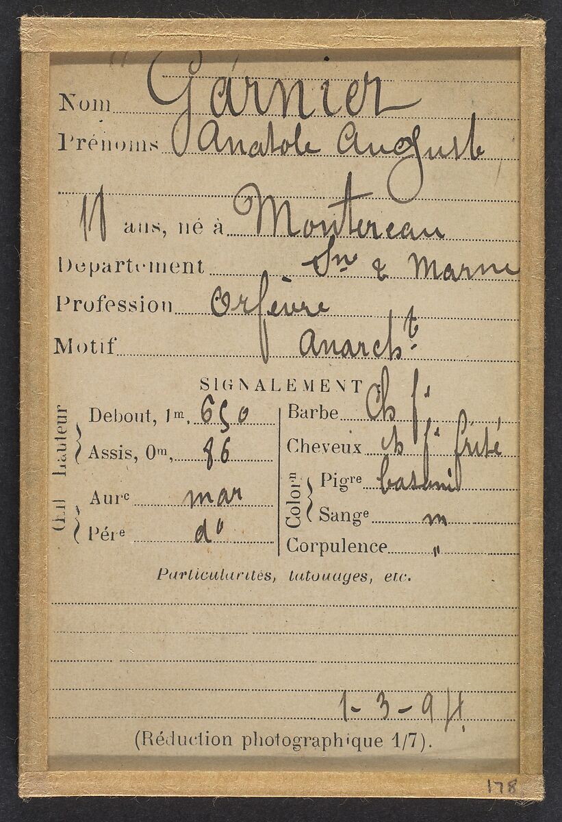 Garnier. Anatole, Auguste. 18 ans, né à Montereau (Seine & Marne). Orfèvre. Anarchiste. 1/3/94., Alphonse Bertillon (French, 1853–1914), Albumen silver print from glass negative