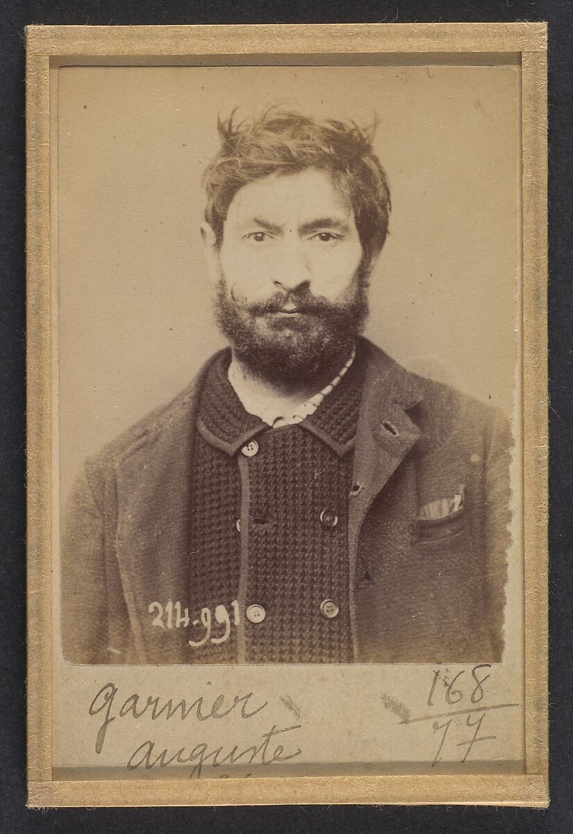 Garnier. Auguste. 34 ans, né à Périgny (Côte-d'Or). Journalier. Anarchiste. 2/3/94., Alphonse Bertillon (French, 1853–1914), Albumen silver print from glass negative 