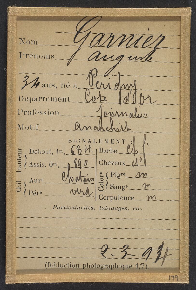 Garnier. Auguste. 34 ans, né à Périgny (Côte-d'Or). Journalier. Anarchiste. 2/3/94., Alphonse Bertillon (French, 1853–1914), Albumen silver print from glass negative