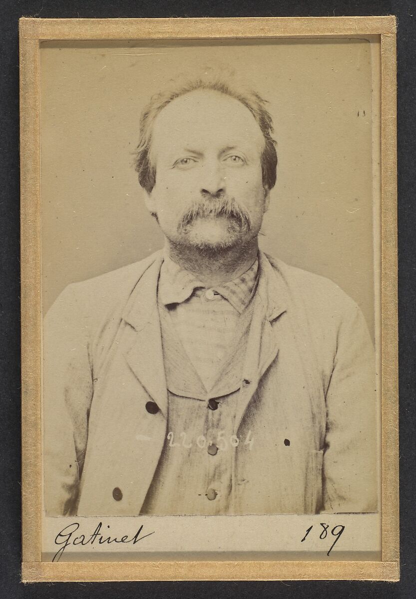 Gatinet. Pierre, Adrien. 50 ans, né le 13/10/43 à Bourges (Cher). Charpentier. Anarchiste. 2/7/94., Alphonse Bertillon (French, 1853–1914), Albumen silver print from glass negative 