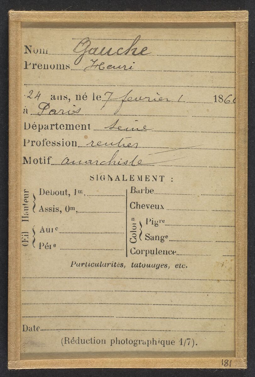 Gauche. Henri. 24 ans, né le 7/2/60 à Paris. Rentier. Anarchiste., Alphonse Bertillon (French, 1853–1914), Albumen silver print from glass negative