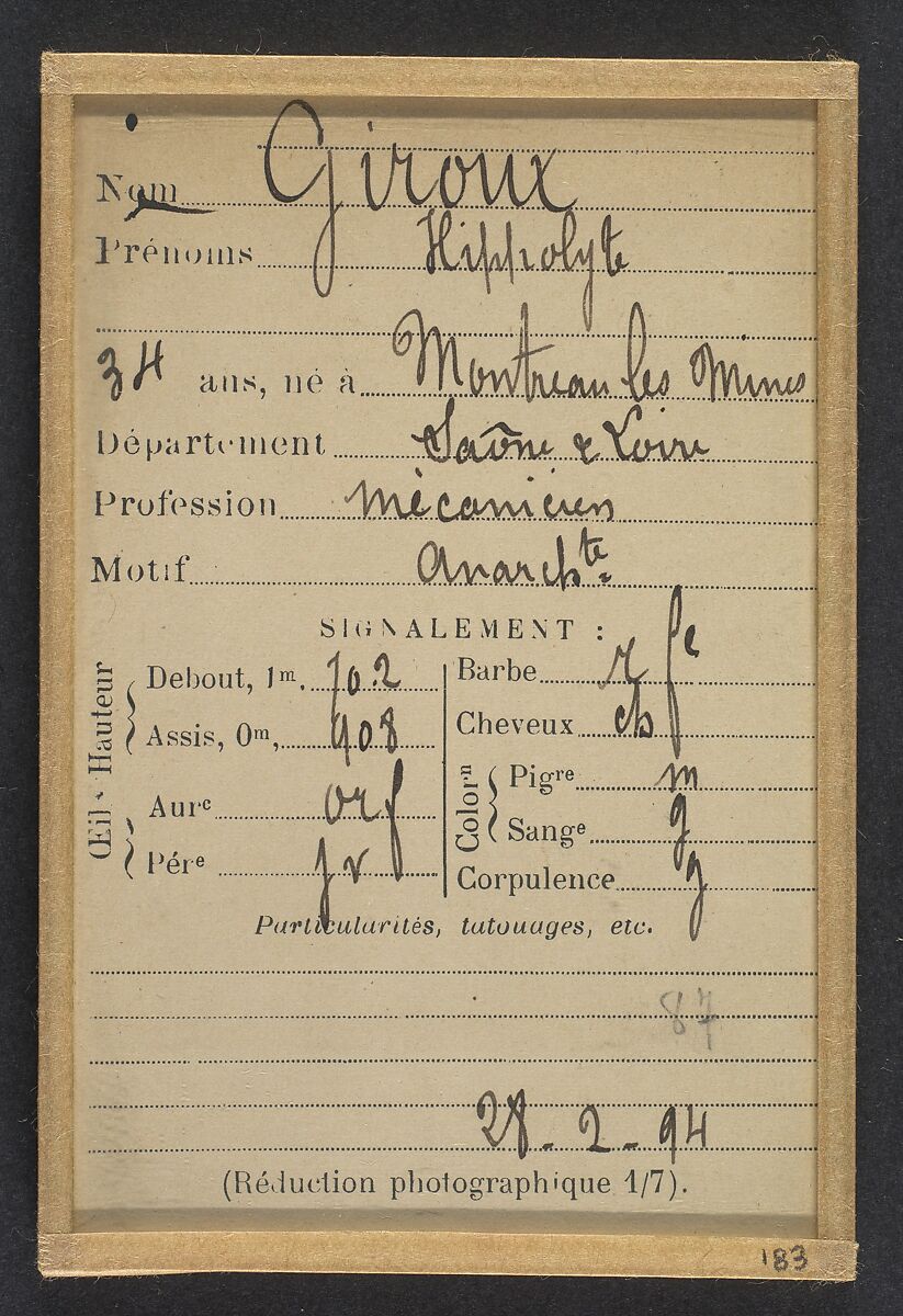 Giroux. Hippolyte. 34 ans, né à Montreuil les Mines (Saone & Loire). Mécanicien. Anarchiste. 28/2/94., Alphonse Bertillon (French, 1853–1914), Albumen silver print from glass negative