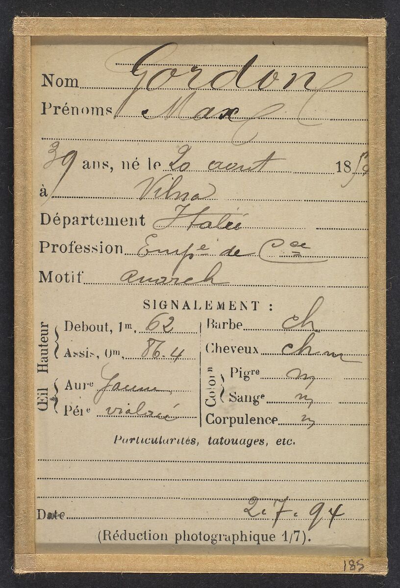 Gordon. Max. 39 ans, né le 20/8/54 à Vilna (Italie). Employé de commerce. Anarchiste. 2/7/94., Alphonse Bertillon (French, 1853–1914), Albumen silver print from glass negative