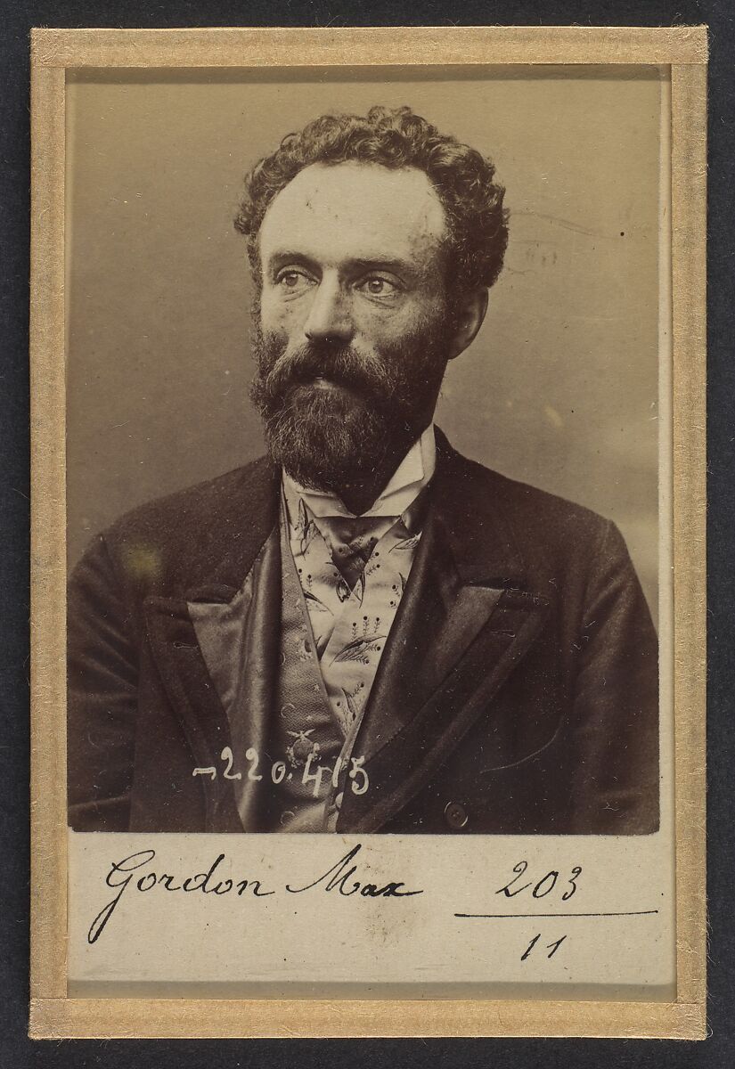 Gordon. Max. 39 ans, né le 20/8/54 à Vilna (Italie). Employé de commerce. Anarchiste. 2/7/94., Alphonse Bertillon (French, 1853–1914), Albumen silver print from glass negative 