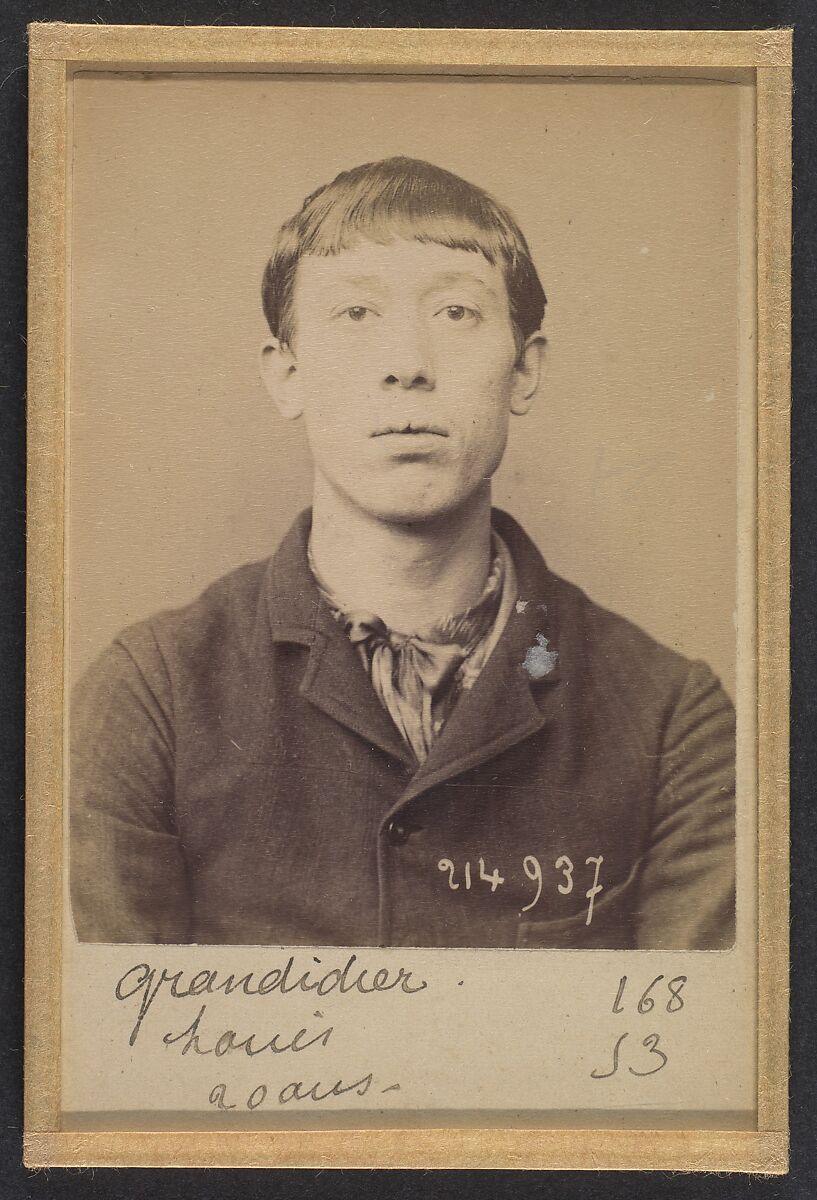 Grandidier. Louis, Auguste. 20 ans, né à St-Denis (Seine). Journalier. Anarchiste. 1/3/94., Alphonse Bertillon (French, 1853–1914), Albumen silver print from glass negative 
