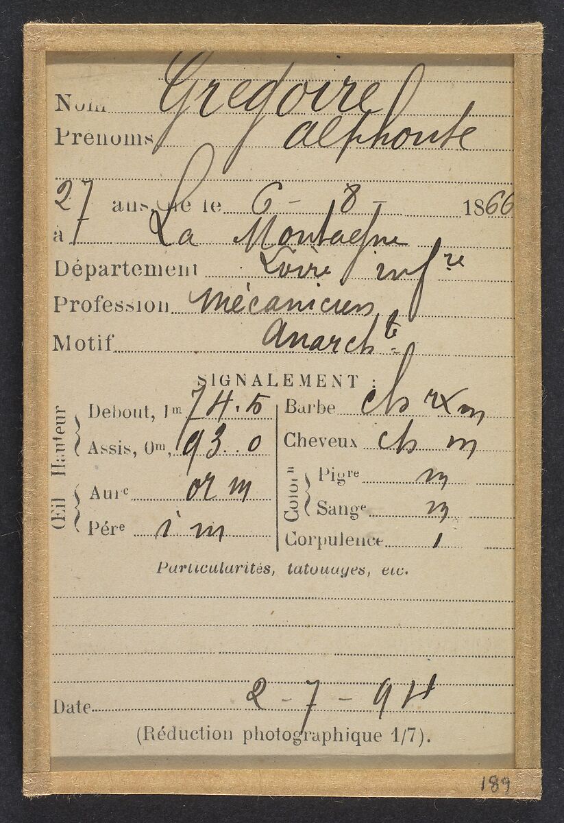 Grégoire. Alphonse. 27 ans, né à La Montagne (Loire-Inférieure). Mécanicien. Anarchiste. 2/7/94., Alphonse Bertillon (French, 1853–1914), Albumen silver print from glass negative