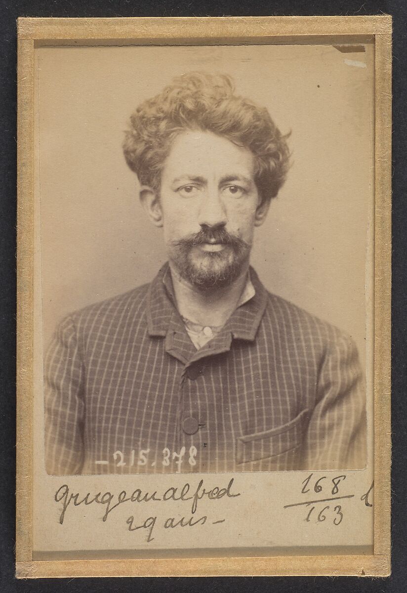 Grugeau. Alfred, Alphonse. 26 ans, né à Tours (Indre & Loire). Cordonnier. Anarchiste. 9/3/94., Alphonse Bertillon (French, 1853–1914), Albumen silver print from glass negative 