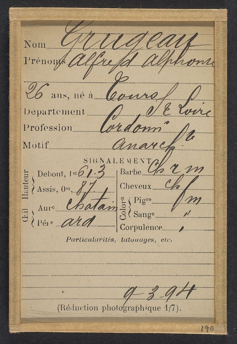 Grugeau. Alfred, Alphonse. 26 ans, né à Tours (Indre & Loire). Cordonnier. Anarchiste. 9/3/94., Alphonse Bertillon (French, 1853–1914), Albumen silver print from glass negative
