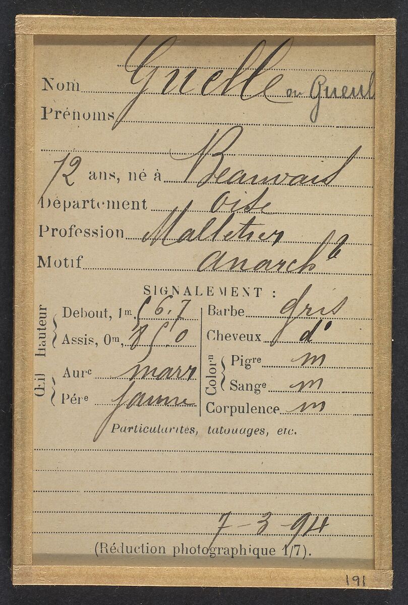 Guelle (ou Gueulle, dit St Denis). 72 ans, né à Beauvais (Oise). Matelassier. Anarchiste. 7/3/94., Alphonse Bertillon (French, 1853–1914), Albumen silver print from glass negative