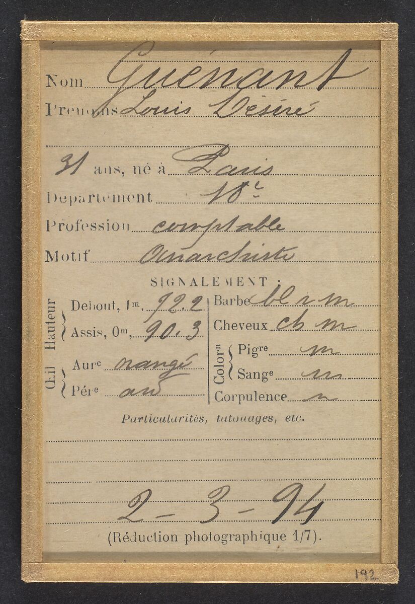 Guénant. Louis, Désiré. 31 ans, né à Paris XVIIIe. Comptable. Anarchiste. 2/3/94., Alphonse Bertillon (French, 1853–1914), Albumen silver print from glass negative