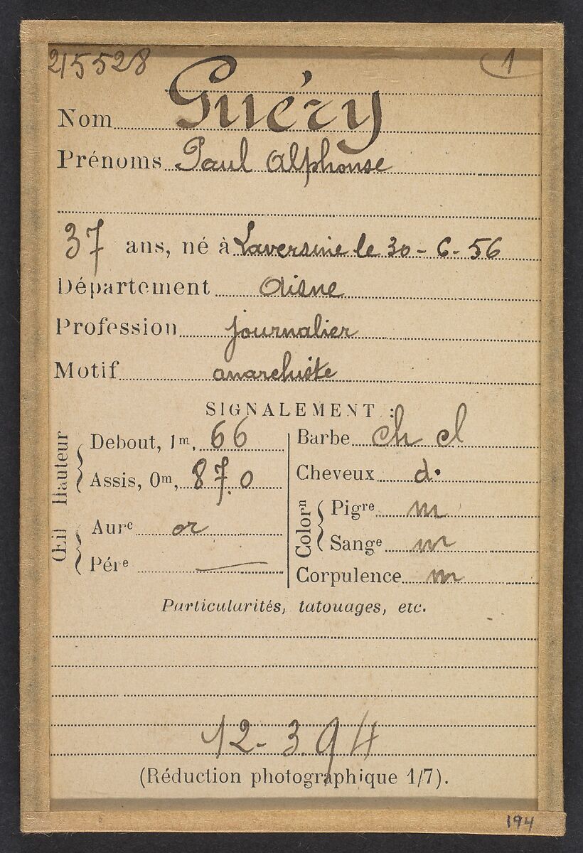 Guéry. Paul, Alphonse. 37 ans, né le 30/6/56 à Laversine (Aisne). Journalier. Anarchiste. 12/3/94., Alphonse Bertillon (French, 1853–1914), Albumen silver print from glass negative