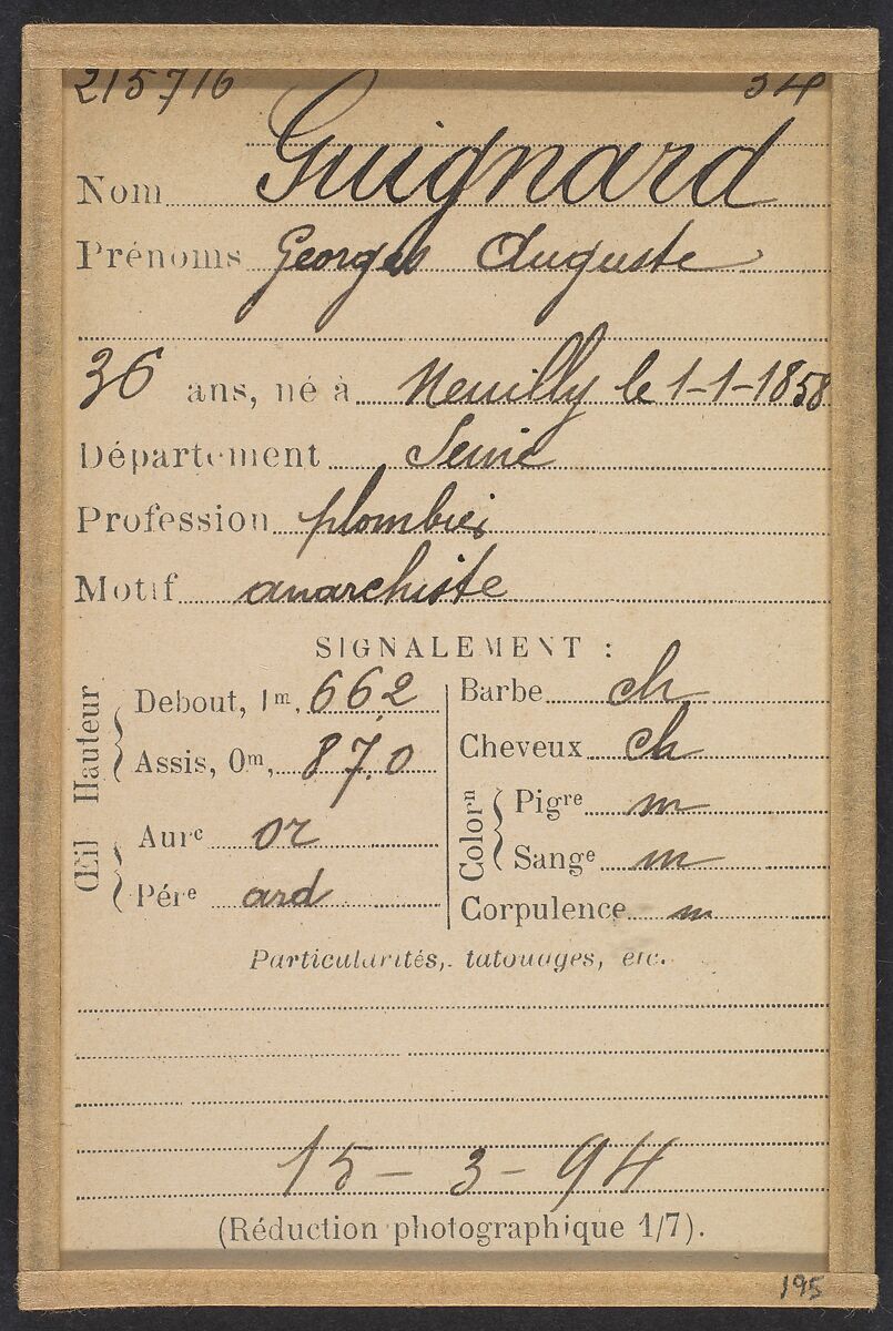 Guignard. Georges, Auguste. 36 ans, né le 1/1/58 à Neuilly (Seine). Plombier. Anarchiste. 15/3/94., Alphonse Bertillon (French, 1853–1914), Albumen silver print from glass negative