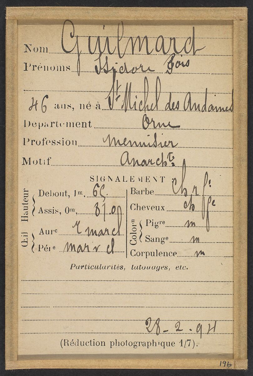 Guillemard. Isidore, François. 46 ans, né à St-Michel des Andaines (Orne). Menuisier. Anarchiste 28/2/94., Alphonse Bertillon (French, 1853–1914), Albumen silver print from glass negative